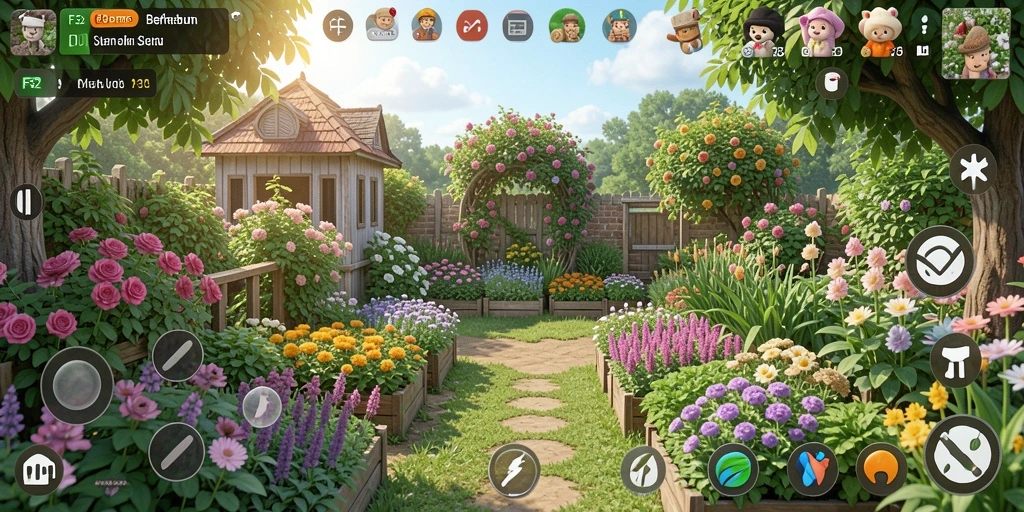 Screenshot gameplay F32 yang menunjukkan kebun yang subur dan hewan ternak.