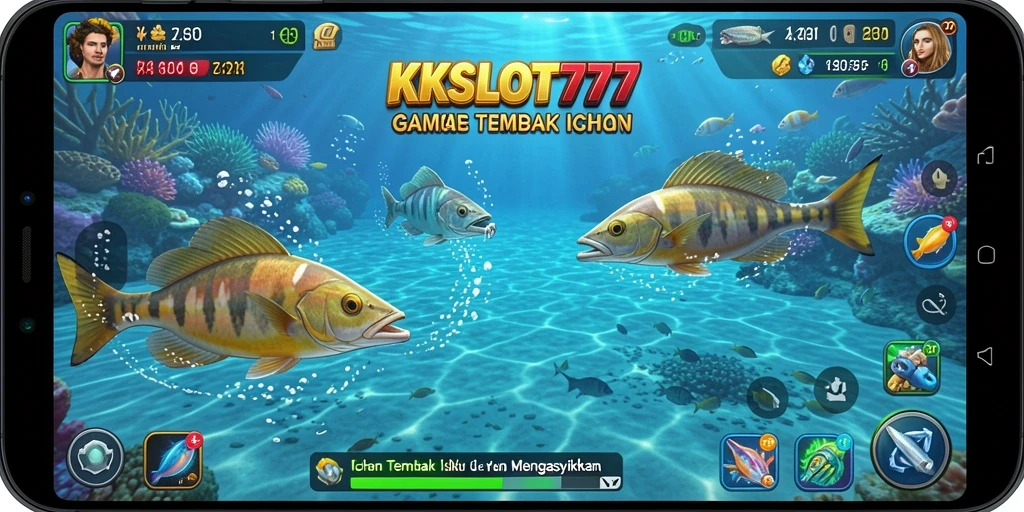 Gameplay seru KKSLOT777 saat menembak ikan di lautan.