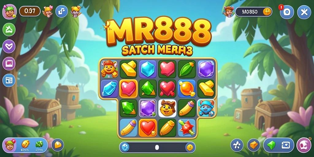 Tampilan gameplay seru MR888 dengan warna-warna cerah dan tantangan Match-3.